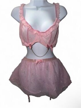 Sheer Pink Ruffle Bralette and Skirt Lingerie Set